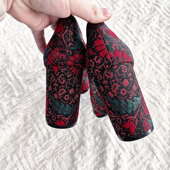 1901 Red Floral Brocade Mary Jane Heels with Pearl Detail - Picture 8 of 10